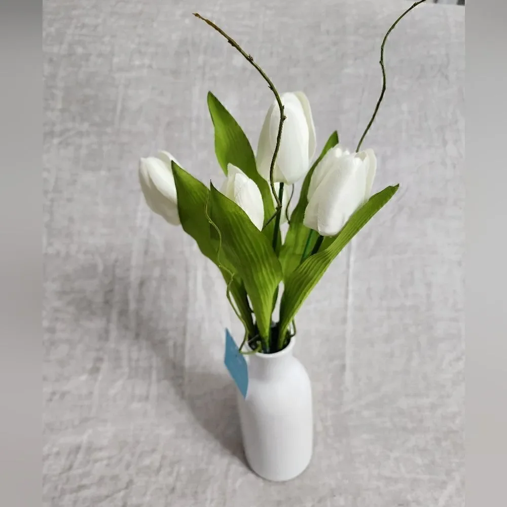 New White Real Feel Tulip Arrangement in Ceramic Vase, 16